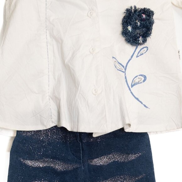 Adams Kids Girls 3 Piece Set White Button-Up Jacket, Glitter Blue Jeans & T-Shir - Picture 3 of 8